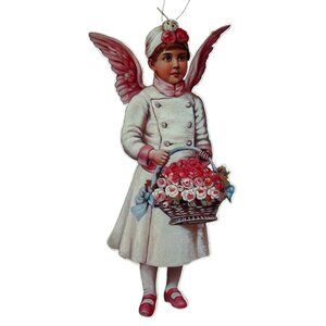 Vintage Victorian Angel Ornament With Pink Wings & Basket Of Roses 9” Tall
